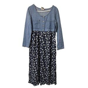 Vintage FR Sport Denim and Floral Midi Dress Size Medium (missing button)